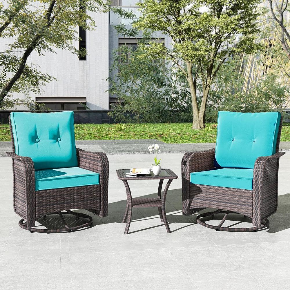 Halmuz 3-Piece Wicker Swivel Outdoor Rocking Chair With Cushion Blue ...