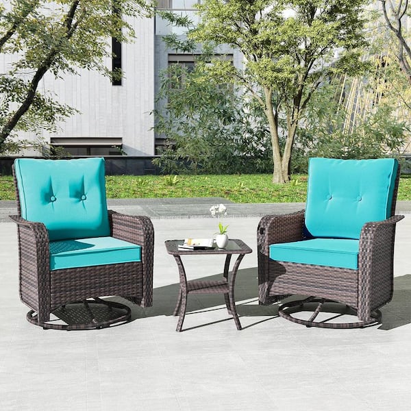 Halmuz 3-Piece Wicker Swivel Outdoor Rocking Chair with Cushion Blue