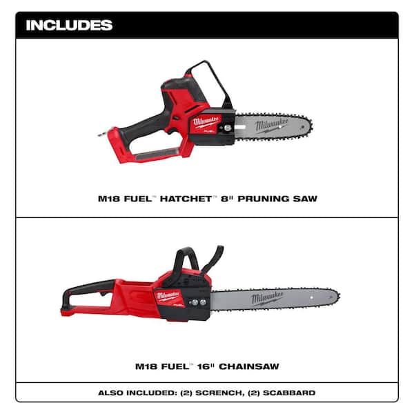 M18 FUEL 8 in. 18V Lithium-Ion Brushless Electric Battery Chainsaw HATCHET w/M18 FUEL 16 in. Chainsaw (2-Tool)
