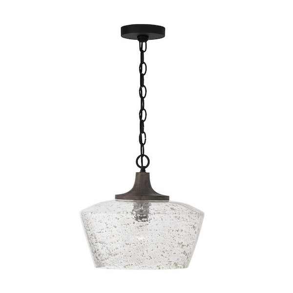 Clive 100-Watt 1-Light Carbon Grey Wood and Black Iron Pendant Light with Stone Seeded Glass and No Bulbs Included
