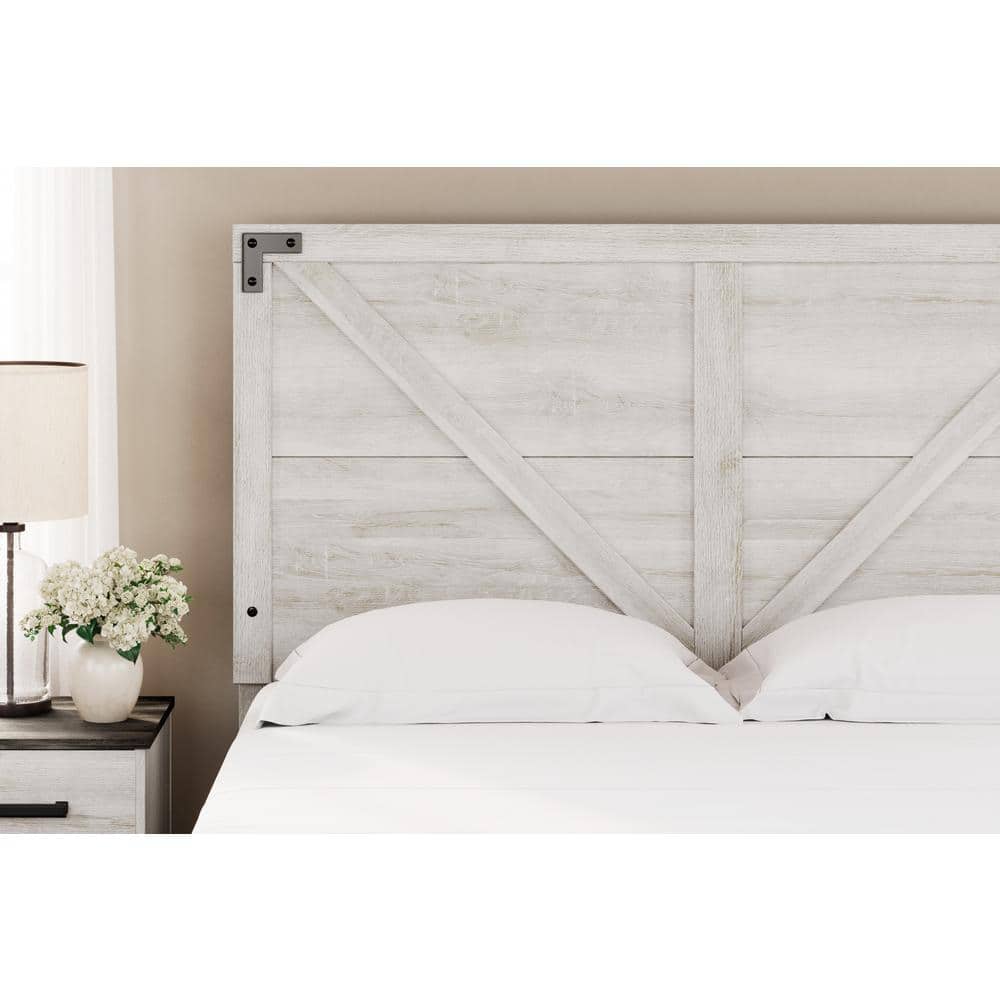 Whitewash Wood Queen Panel Headboard with Crossbuck Detail