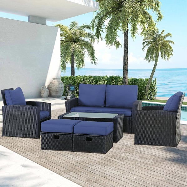 Zeus & Ruta 6--Piece Black Wicker Outdoor Patio Sectional Sofa Conversation Set with Blue Cushions and 1 Coffee Table