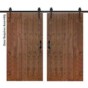 Mid-Century New Style 84 in. x 84 in. Dark Walnut Finished Solid Wood Double Sliding Barn Door with Hardware Kit