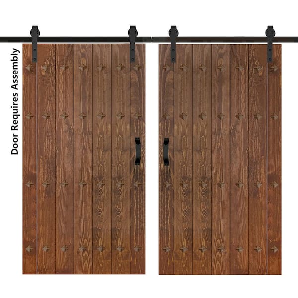 ISLIFE Mid-Century New Style 84 in. x 84 in. Dark Walnut Finished Solid Wood Double Sliding Barn Door with Hardware Kit