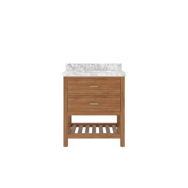 Willow Collections Parker Teak 30 in. W x 22 in. D x 36 in. H Single Sink Bath Vanity Center in Golden Teak with 2 in. Carrara Marble Top