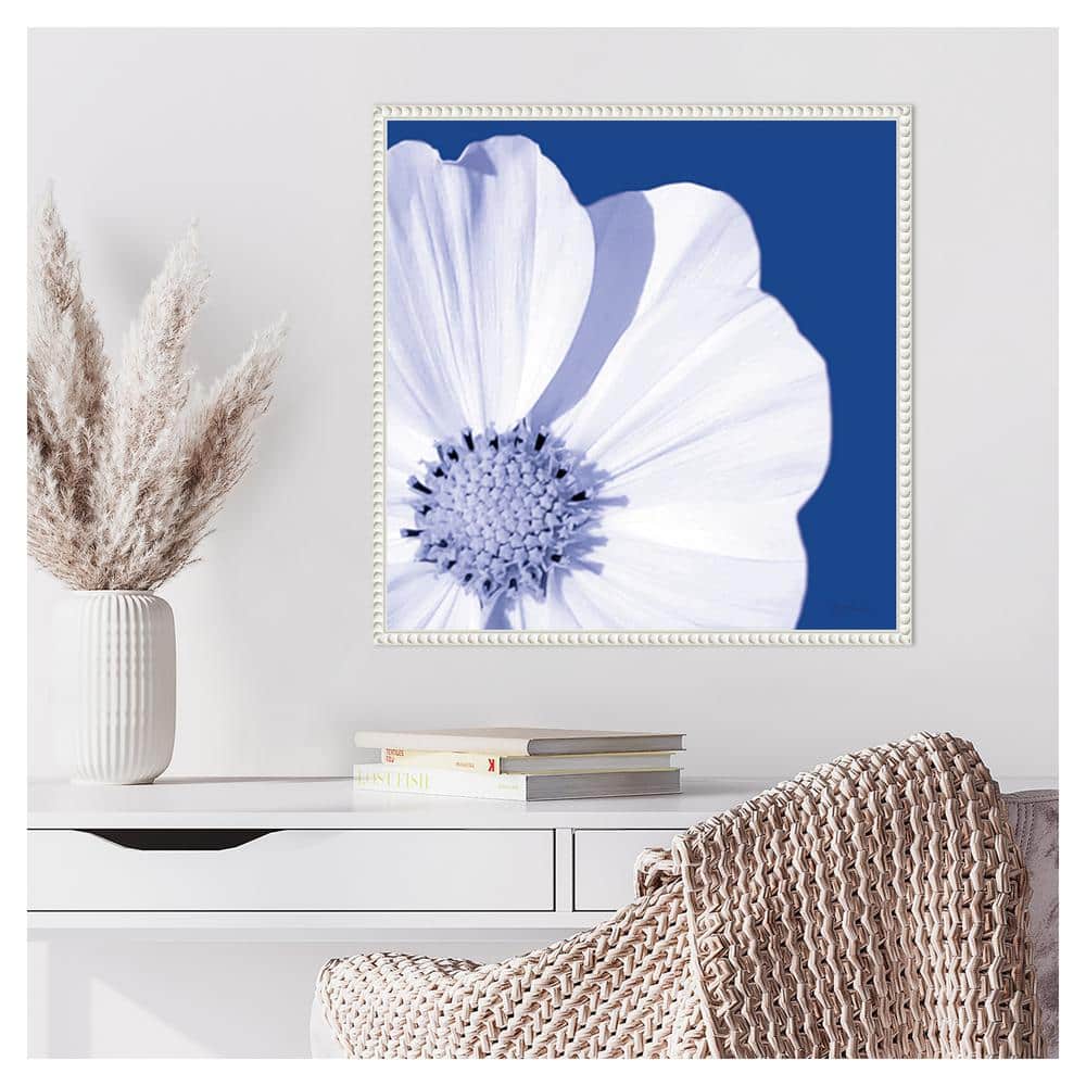 22" White and Blue Abstract Floral Canvas Wall Art with Floater Frame