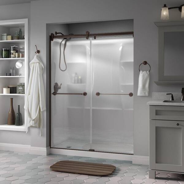 Delta Silverton 60 x 71 in. Frameless Contemporary Sliding Shower Door in Bronze with Niebla Glass
