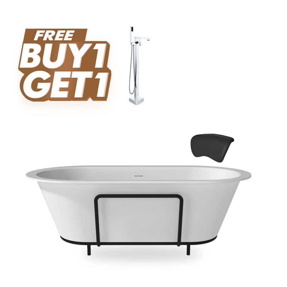 Matte White 67" Freestanding Soaking Bathtub with Black Pillow