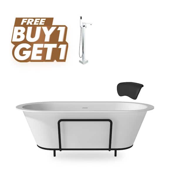 (GIFT) 67 in. x 34 in. Solid Surface Free Standing Tub Soaking Bathtub in Matte White with Black Bathtub Pillow