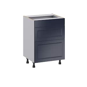 Devon Painted Blue Recessed Assembled 24 in. W x 34.5 in. H x 21 in. D Vanity 3 Drawers Base Kitchen Cabinet