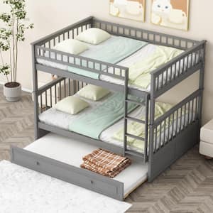 Detachable Style Gray Full over Full Wood Bunk Bed with Twin Size Trundle, Convertible Beds
