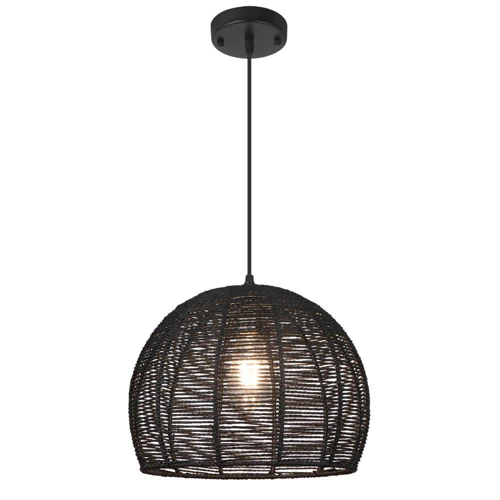 1-Light Black Rattan Dome Rustic Pendant Light Fixture with Black Shade for