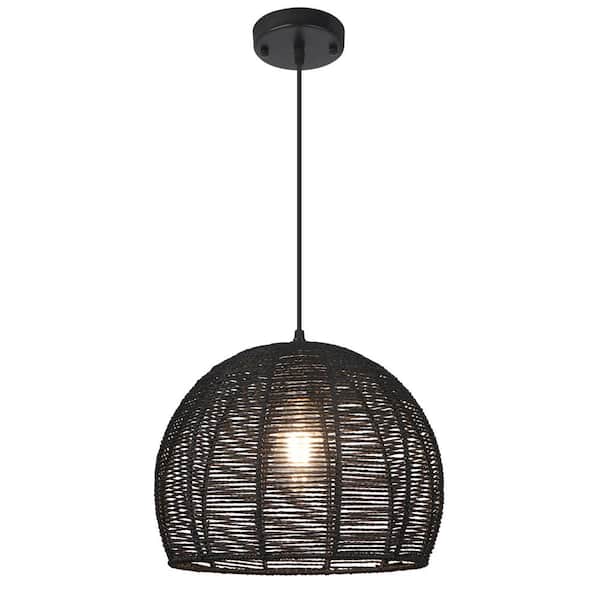 Unbranded 1-Light Black Rattan Dome Rustic Pendant Light Fixture with Black Shade for Dining Room Kitchen Island