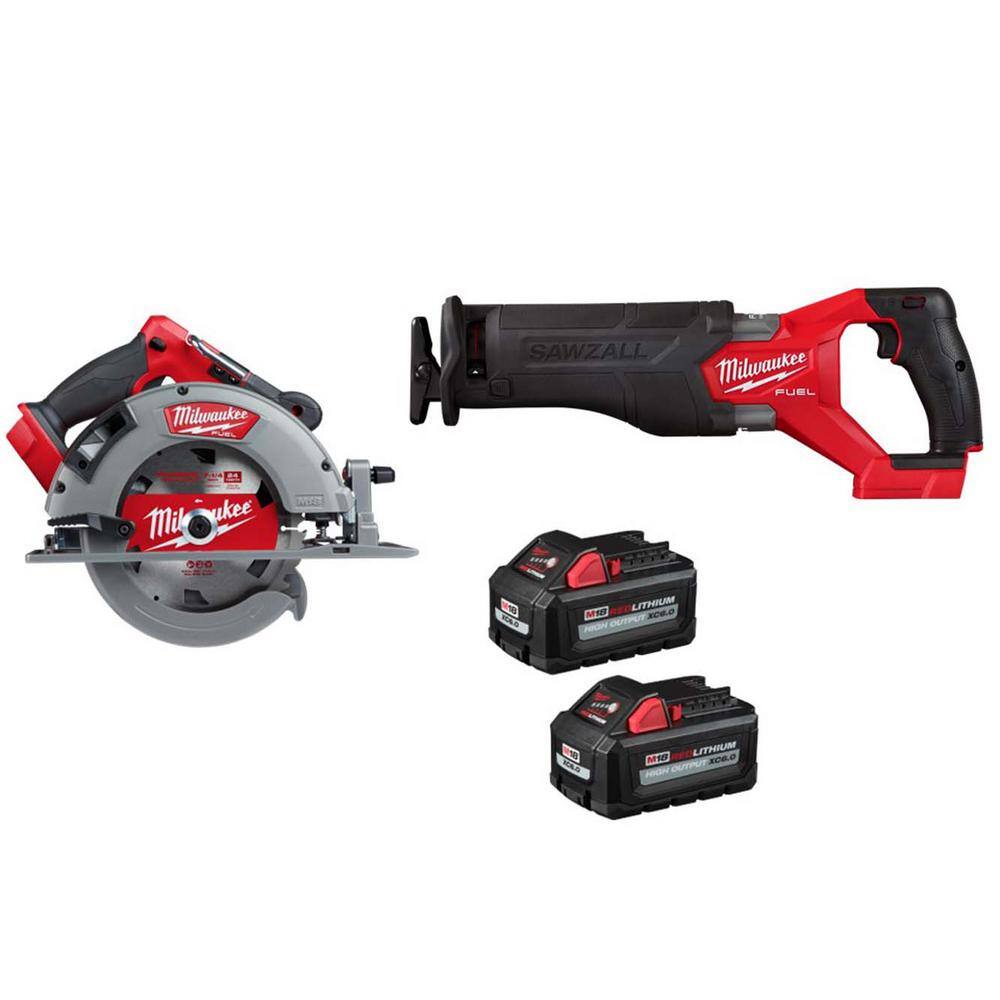 Milwaukee M18 FUEL 18V Lithium-Ion Brushless Cordless 7-1/4 in. Circular Saw & Sawzall w/(2) 6.0Ah Batteries -  2732-20-2821
