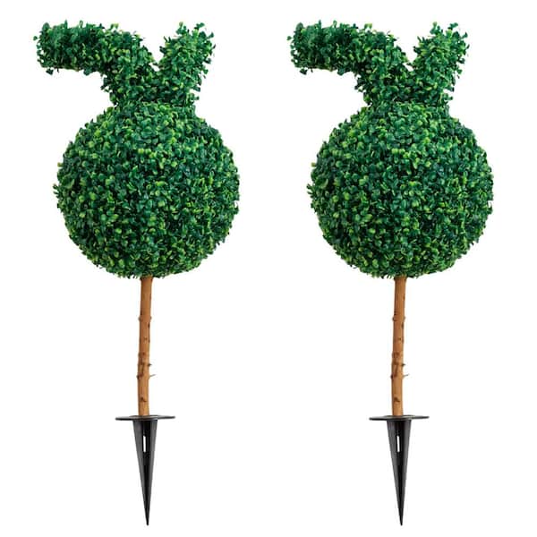 2 ft. UV Resistant Artificial Easter Bunny Boxwood Topiary with Integrated Ground Stake (Indoor/Outdoor) - Set of 2