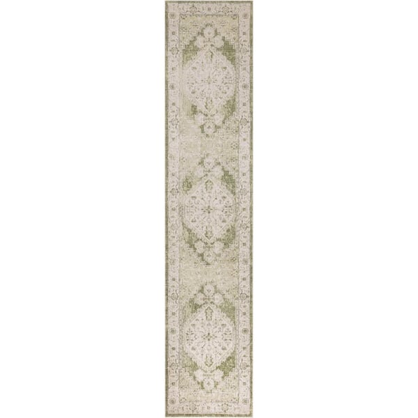 Nourison Astra Machine Washable Ivory Green 2 ft. x 10 ft. Center medallion Traditional Runner Area Rug