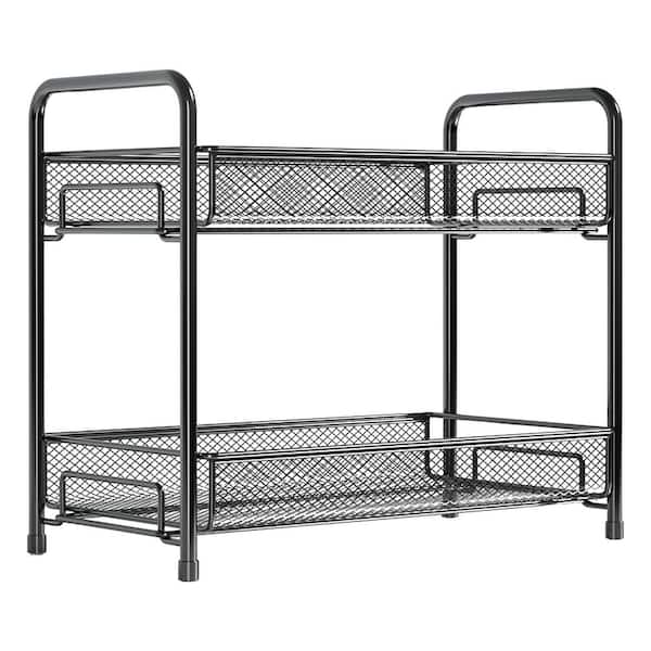2-Tier Black Countertop Standing Spice Rack Organizer with Guardrail Mesh Design for Kitchen Bathroom Pantry