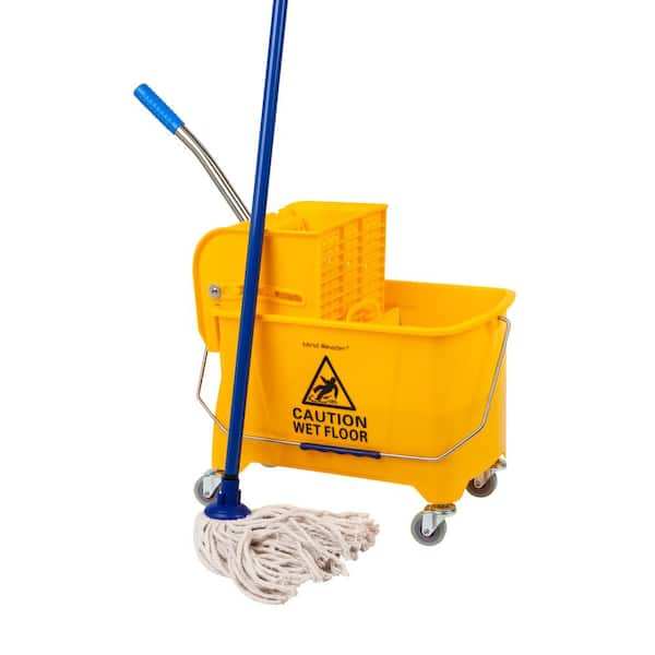 Mind Reader 5.5 gal. Yellow Plastic Mop Bucket with Wringer Floor Cleaning, Handle, Wheels, 16.25 in. L x 10.75 in. W x 24.5 in. H