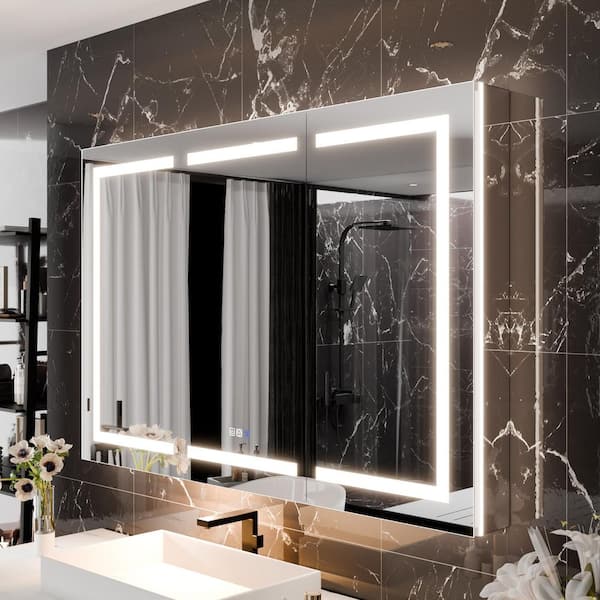 54 in. W x 36 in. H Rectangular Aluminum Recessed/Surface Mount LED Medicine Cabinet with Mirror, 10X Magnifier, USB