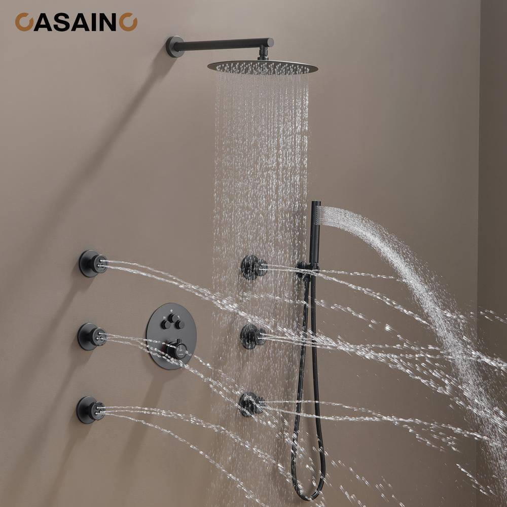 Matte Black Stainless Steel Thermostatic Rain Shower System with Handheld