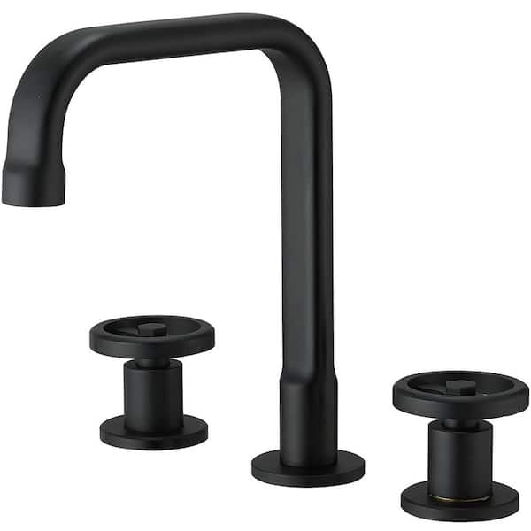 HOMEMYSTIQUE 8 in. Widespread Double Handle Bathroom Faucet with Drain Kit Included and Corrosion Resistant in Matte Black