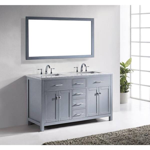 Virtu Usa Caroline 60 In W Bath Vanity In Gray With Marble Vanity Top In White With Square Basin And Mirror Md 2060 Wmsq Gr The Home Depot
