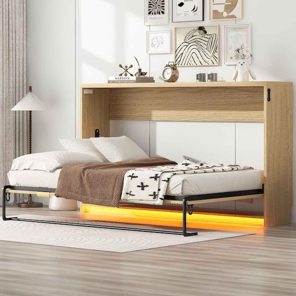 Natural/Yellow Wood and Metal Frame Twin Murphy Bed with LED Light, can be Folded into a Cabinet