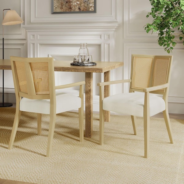 Sinclair Modern Upholstered Dining Chairs with Cane Webbing, Arms, Rubberwood, Light Ash plus Beige(Set of 2)