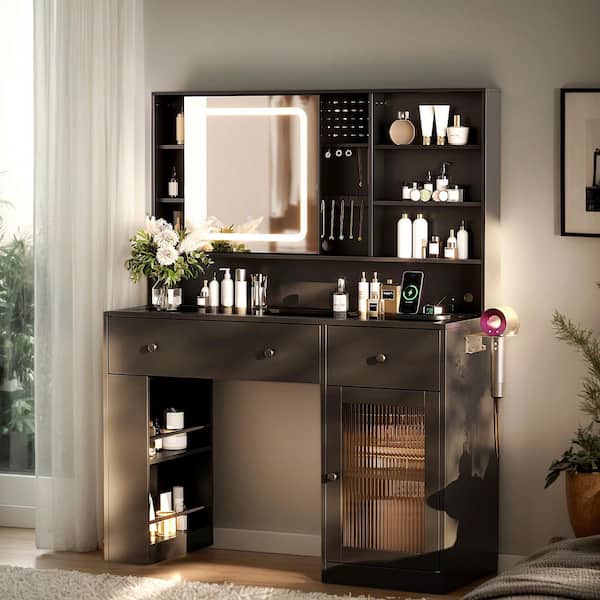 1-piece Black Particle Board Makeup Vanity Table with Dimmable Touch Mirror 2-Drawer 1-Glass Door 2-Tier Shelf