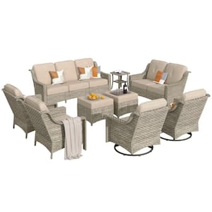 Eureka Gray 9-Piece Wicker Modern Outdoor Patio Conversation Sofa Seating Set with Swivel Chairs and Beige Cushions