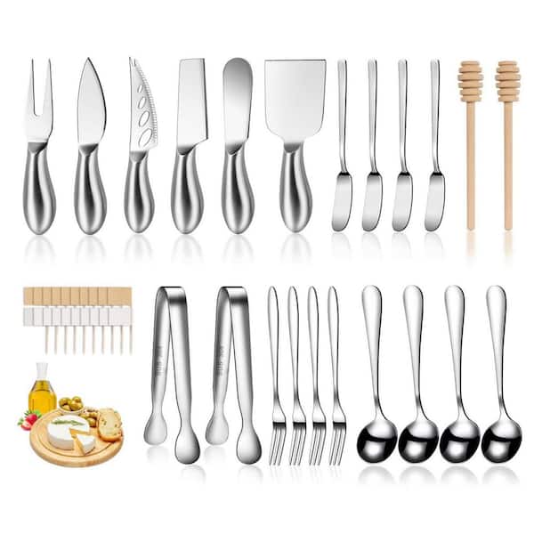 23-Piece Silver Stainless Steel Cheese Knives and Spreaders Set with Wooden Handles, Kitchen Accessories Set