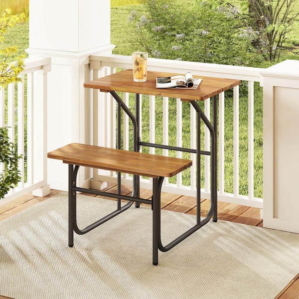 2 Pieces Patio Table Bench Set Picnic Table and Seat with Acacia Wood Top Metal Legs
