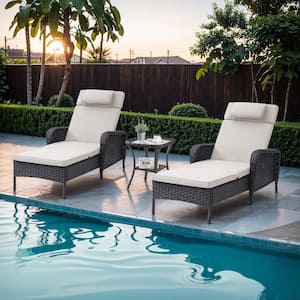 ArcoBay 3-Piece Brown Wicker Outdoor Chaise Lounge Rattan Chaise Lounge with Olefin Beige Cushions and Side Table