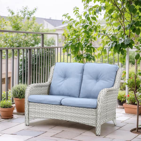 Opohoro ArcoBay 51.5 in. Light Beige Wicker and Metal Frame Outdoor Patio Loveseat with Baby Blue Cushions