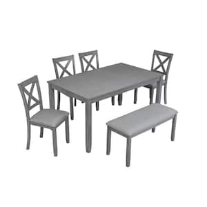 5-Piece Gray Rectangular Wood Top Table Set with Bench Seats 6