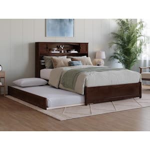 Hadley Walnut Brown Solid Wood Frame Full Platform Bed with Panel Footboard and Twin Trundle