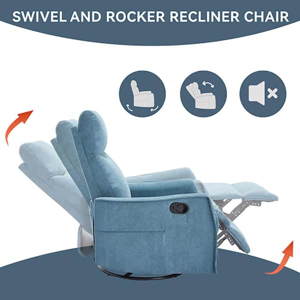 Blue Ergonomic Fabric Rocker and Swivel Recliner Chair with 8-Point Massage and Remote Control