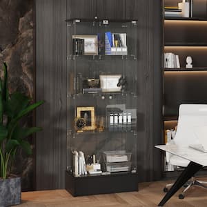 4-Shelf Tempered Glass 27.6 in. W Display Cabinet in Black With Glass Shelves, Drawer and Lock