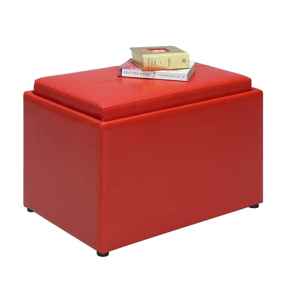 Versatile Bright Red Faux Leather Ottoman with Reversible Tray