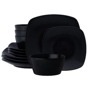 Colorscapes Black-on-Black Swirl 12-Piece (Black) Porcelain Square Dinnerware Set, Service for 4