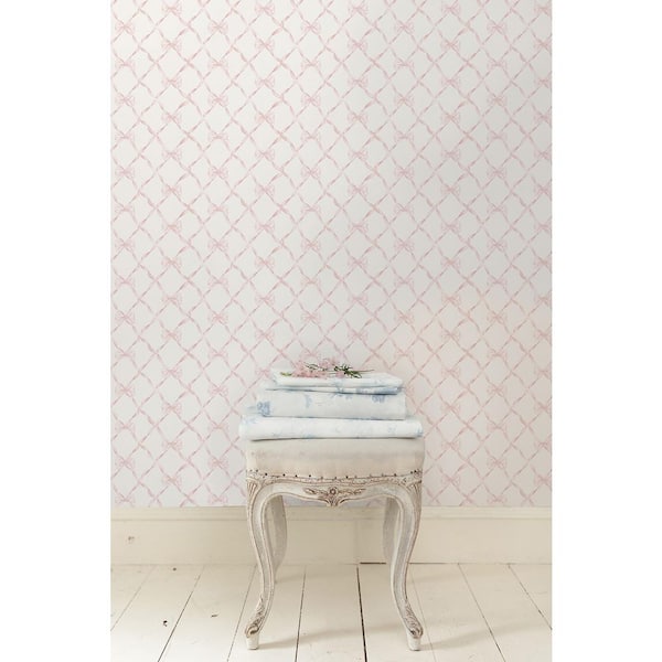 Baby Bow Faded Primrose Ribbon Trellis Wallpaper