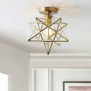 12 in. 1-Light Gold Geometric Moravian Star Semi-Flush Mount with Glass Shade