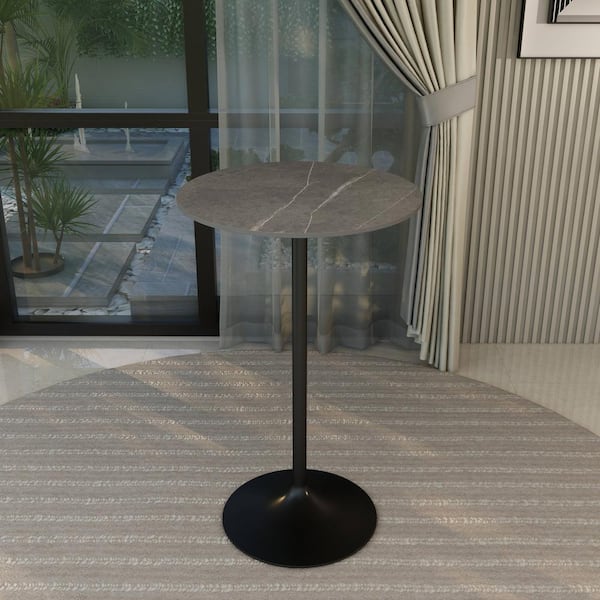 Leisuremod Round 27 in. Bar Height Dining Table with Sintered Stone Top and Black Steel Pedestal Base Verve Series in Marble Grey
