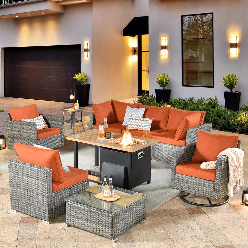 Lydia Gray 9-Piece Wicker Patio Rectangular Fire Pit Set with Orange Red Cushions and Swivel Rocking Chairs price history on PriceWatchPro