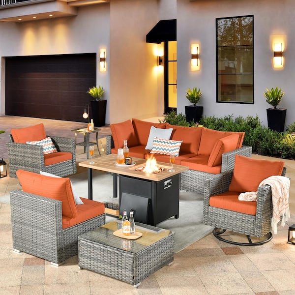 XIZZI Lydia Gray 9-Piece Wicker Patio Rectangular Fire Pit Set with Orange Red Cushions and Swivel Rocking Chairs