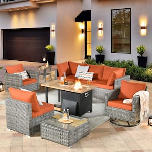 Artemis Gray 9-Piece Wicker Patio Rectangular Fire Pit Set with Orange Red Cushions and Swivel Rocking Chairs