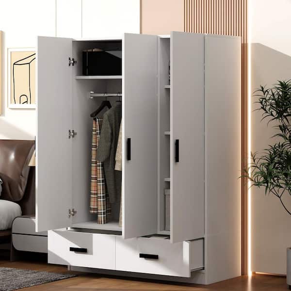 3-Door White Wood 47.2 in. Wardrobe Closet with 2-Drawers, Shelves and Hanging Rod