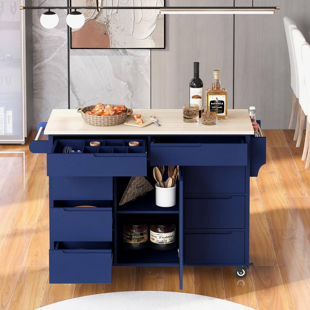Blue Wood 53.1 in. Kitchen Island with 8 HandleFree Drawers and 5