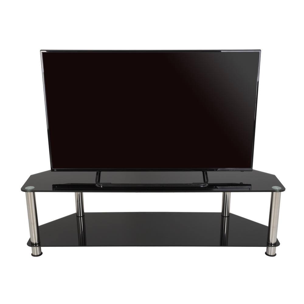 Black Glass and Chrome Corner TV Stand with Shelves
