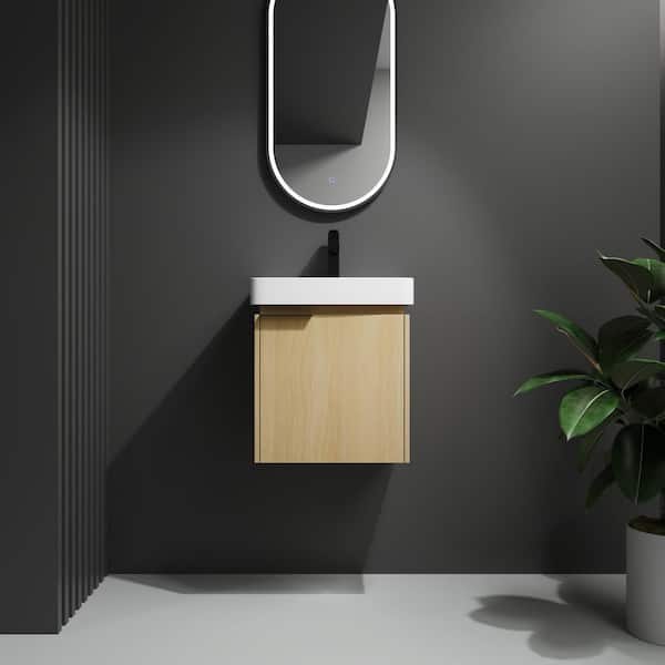20 in. Single Sink Floating Oak Bath Vanity with White Ceramic Top, Overflow Hole, Pre-drilled Faucets